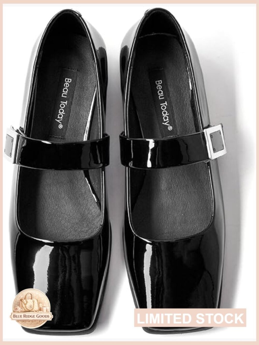 Patent Leather Square Toe Ballet Flats with Hook-and-Loop Closure Non-Slip